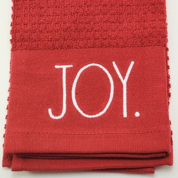 3 Rae Dunn Christmas Red Kitchen Towel Embroidered Peace Joy Believe 100% Cotton - Picture 3 of 9